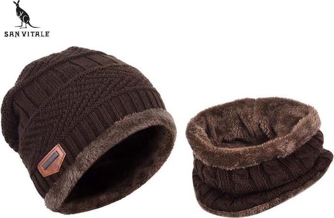 San Vitale® - Muts - Set met Col - Dikste kwaliteit - 180+ gram - Muts Heren - Beanie - Wintermuts - Donkerbruin/Bruin