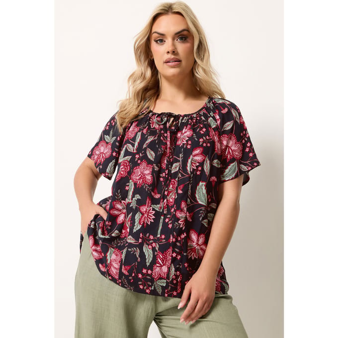 Yours Zwarte Blouse Met Bloemenprint En Plooitjes Size 42