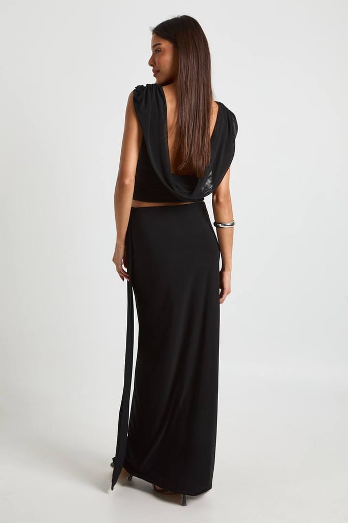 boohoo Dames Slinky Maxi Rok Met Mesh Drapering | Black | Maat: 14