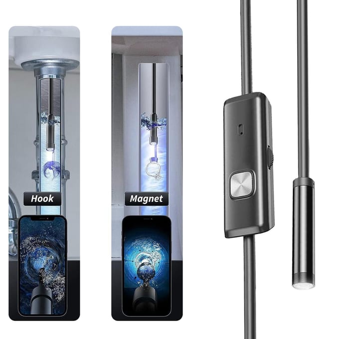 Caméra endoscopique avec lumière, endoscope HD 1920P avec 8 lumières LED réglables, double objectif, IP67 noir