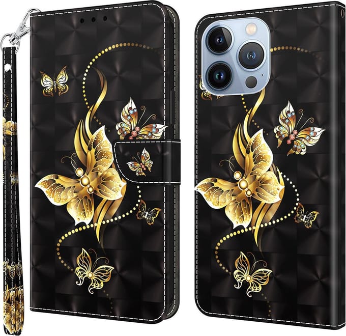Cityhoesje-iPhone 14 Pro Max – Bookcase – 3D Print – Golden Butterflies