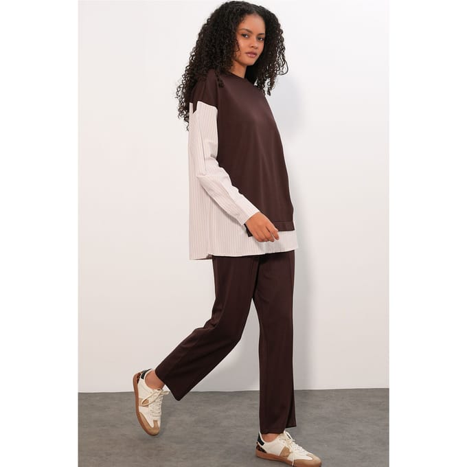 Gestreepte Lange Crew Neck Twee-Delige Coördineer Set