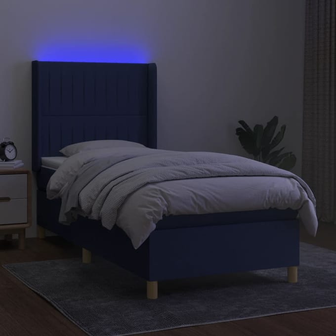 vidaXL - Boxspring - met - matras - en - LED - stof - blauw - 90x200 - cm