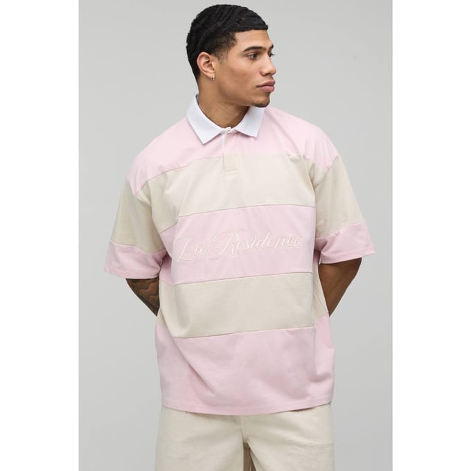 Oversized La Residence Geborduurd Gestreept Rugby Polo | Pink | Size Medium