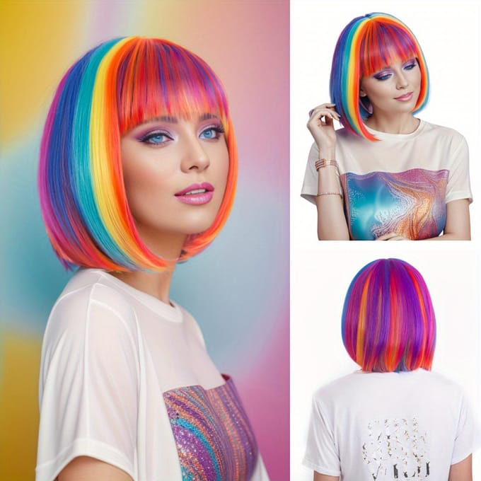 Perruque synthétique courte et lisse multicolore arc-en-ciel avec frange pour femmes et filles multicolore