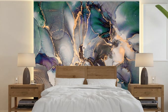 Behang - Fotobehang Goud - Blauw - Marmer - Breedte 280 cm x hoogte 280 cm