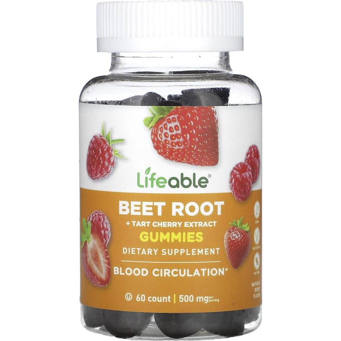 Lifeable, bietensap + zure kers extract gummies, natuurlijke bes, 500mg, 60 gummies (250mg per gummy)