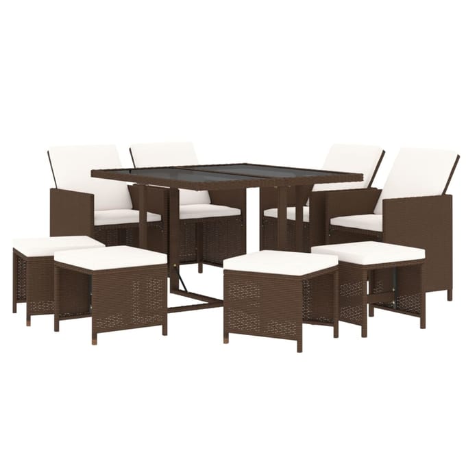 vidaXL - 9-delige - Tuinset - met - kussens - poly - rattan - bruin