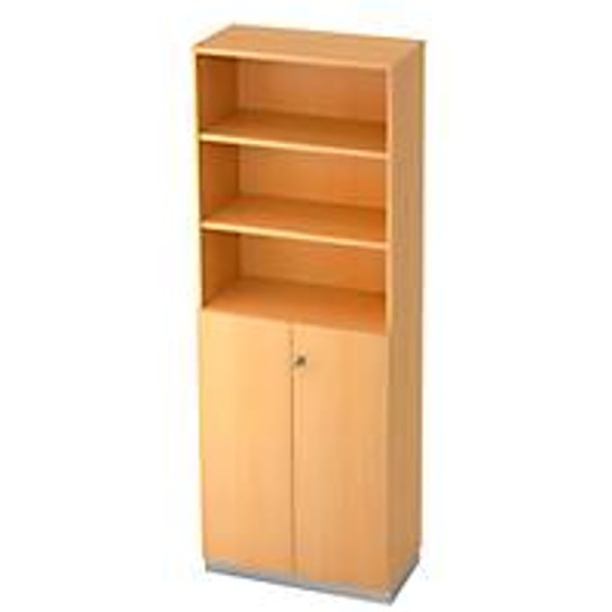 Combi-boekenkast, 6 OH, 3 open vakken + 2 afsluitbare deuren, B 800 x D 420 x 2210 mm, beukendecor