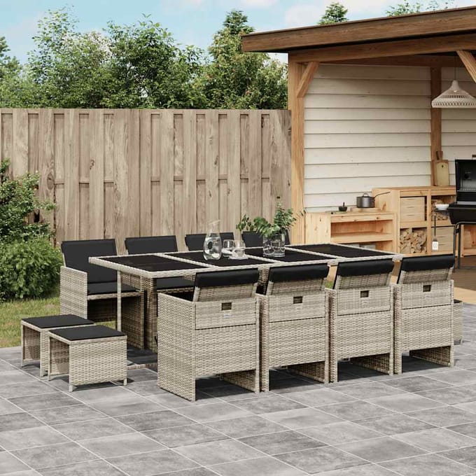 vidaXL - 13-delige - Tuinset - met - kussens - poly - rattan - lichtgrijs