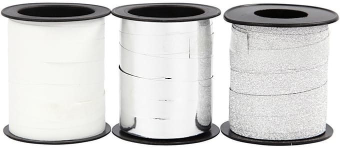 Cadeaulint, B: 10 mm, zilver, glitter zilver, wit, 3x15 m/ 1 doos