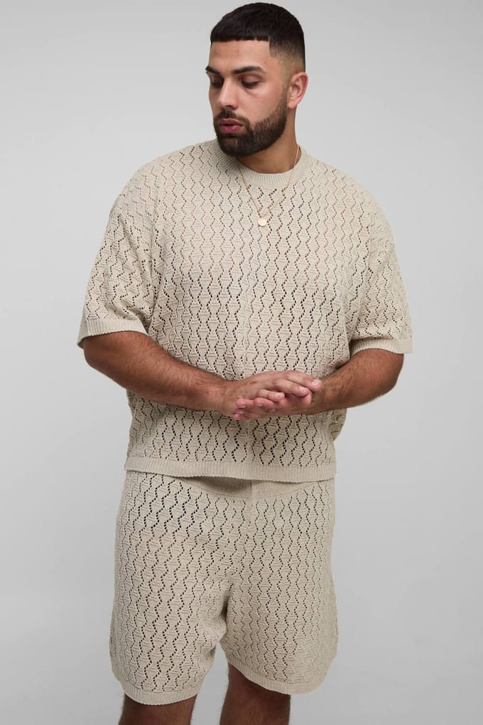 Plus Oversized Boxy Zig Zag Crochet T-Shirt & Short Set | Natural | Size 2XL