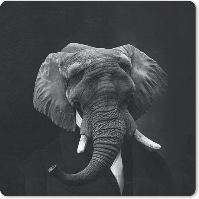 Muismat 20x20 cm - Mousepad Schilderij - Afrikaanse olifant - Zwart - Wit - Muismatten