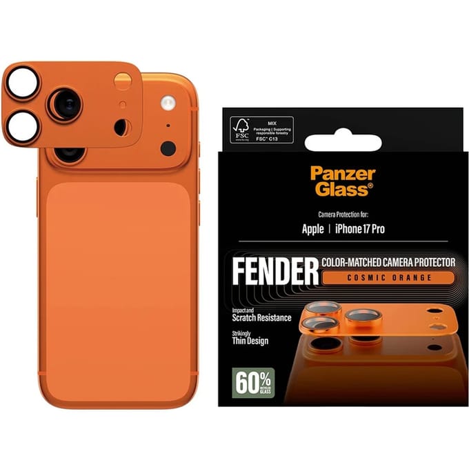 PanzerGlass Screenprotector geschikt voor Apple iPhone 17 Pro Aluminum | PanzerGlass FENDER Camera Protector - Case Friendly - Cosmic Orange
