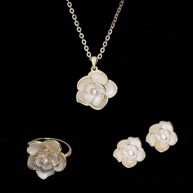 Parel Sieraden Set, Gloednieuwe Bloem Drie Delige Ring Hanger, Kleine Verse en Elegante Dames Sieraden Dames wit