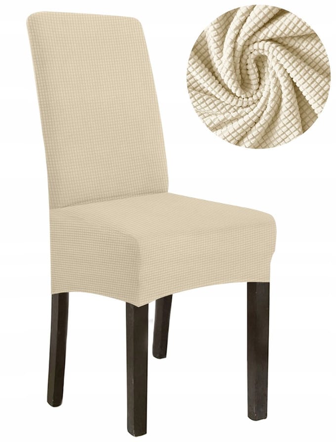 Crèmekleurige stoelhoes L - Dikke jacquard - Hoge rugleuning 70cm