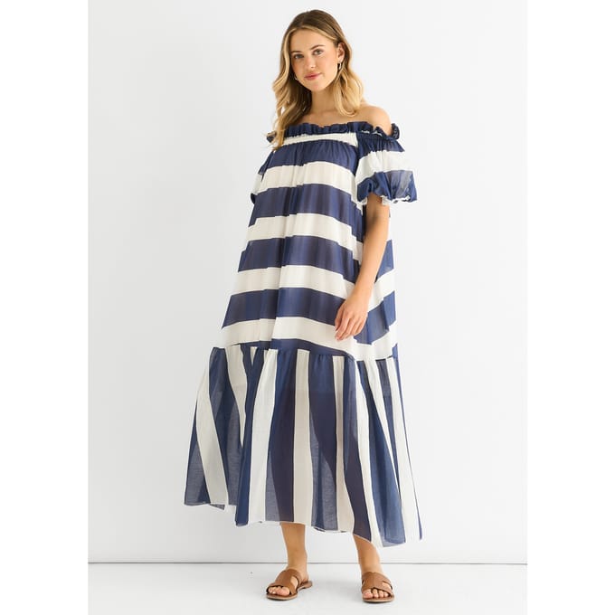 Blauwe katoenen voile bardot gestreepte midi-jurk