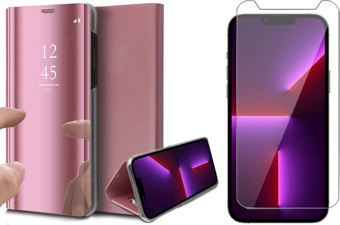 Hoesje geschikt voor iPhone 13 Pro Max en Screenprotector - Spiegel Book Case - Roze