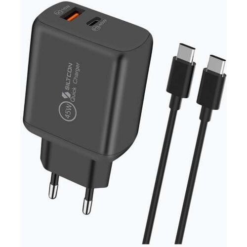 Siltcon® USB C Adapter 45W & USB-A 18W - USB C Snellader - USB C Lader - Universeel o.a. Telefoons & Laptops - Inclusief USB-C Kabel 2 Meter
