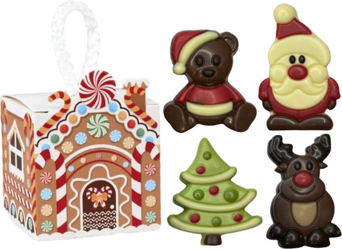 Gingerbread house hanger met luxe chocolaatjes 4 stuks - Kerst - Luxe Chocolade - Chocola - kerstboom - Gingerbread house - Sneeuwpop