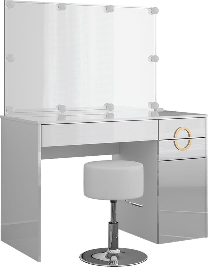 Vicco Kaptafel set met kruk Adela, Wit, 115 cm met spiegel, LED-lichtslinger en kruk
