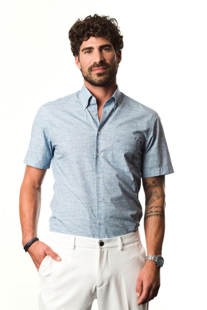 Ledûb Overhemd Short Sleeve Button-Down Easy Care Cotton Midden Blauw / male