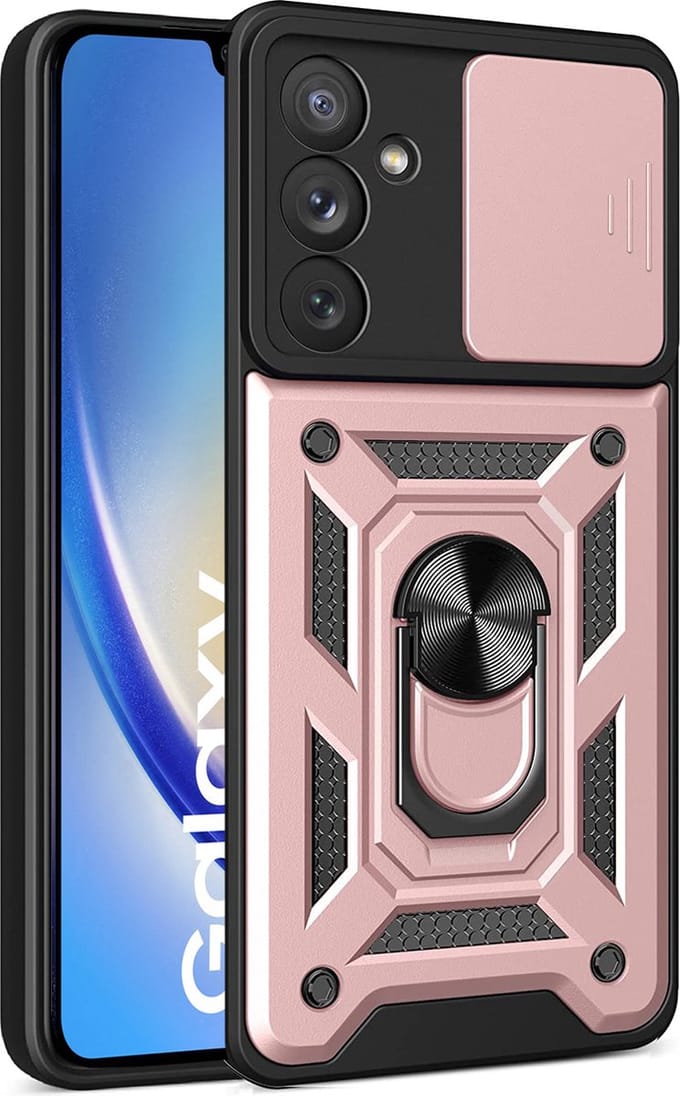 Samsung Galaxy A34 hoesje met Ringhouder en Camera schuifje - shockproof case - Rosegoud