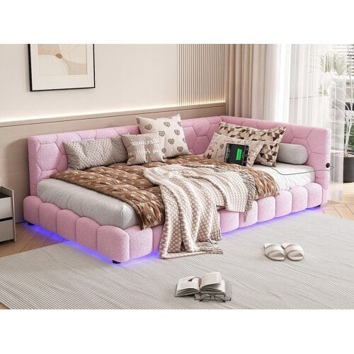 ModernLuxe Slaapbank 90x200 cm van imitatiebont in schapenvachtlook - Met LED en USB-poort - Roze