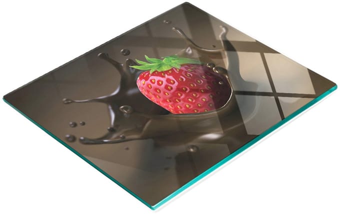 Decoratieve snijplank van gehard glas met aardbei-chocoladeprint, 60x52 cm