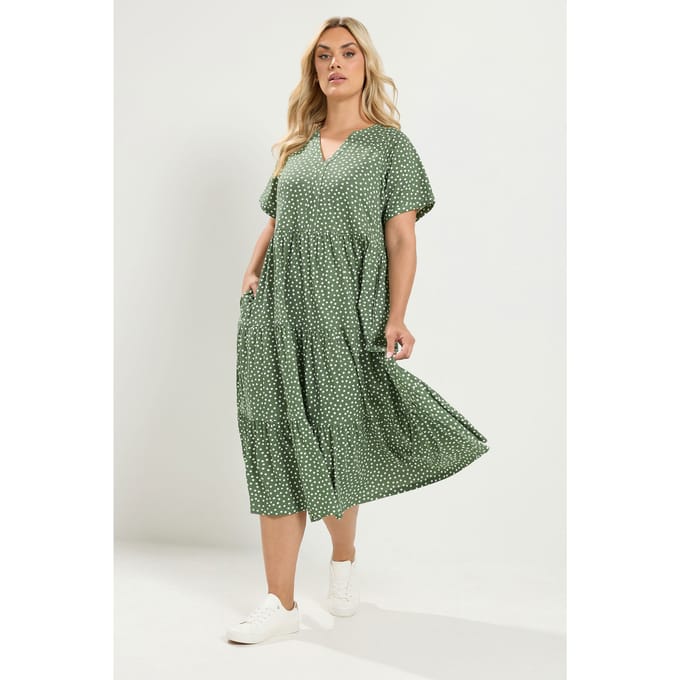Yours Saliegroene Jurk Met Stippenprint En Gelaagde Rok Size 42