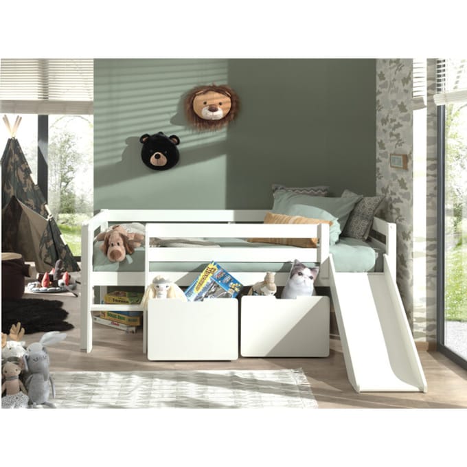 LUCEVI - Pino Halfhoogslaper H85CM + Glijbaan + Ladder + Set van 2 Laden - Wit - 90x200 cm