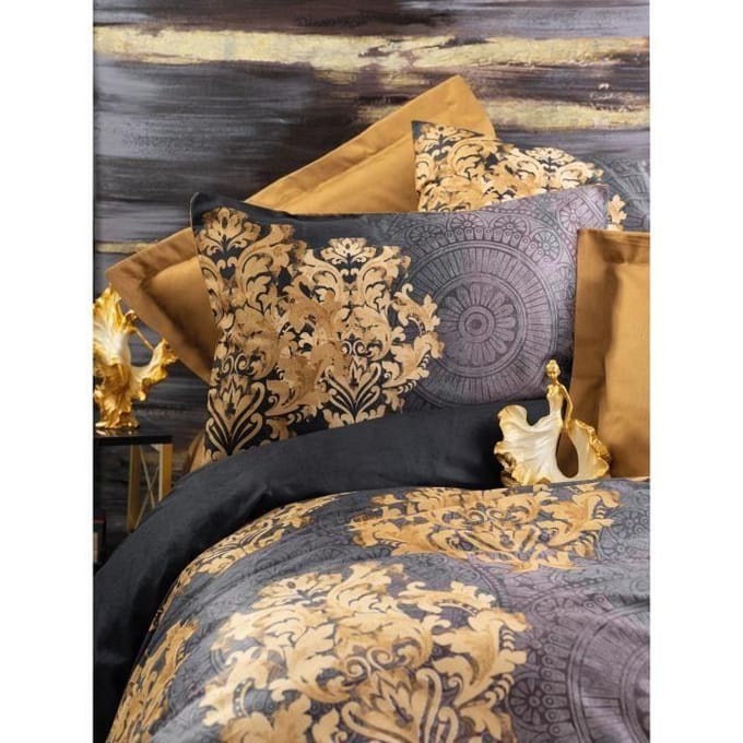 Parure de lit - 1 housse de couette 220 x 240 cm + 2 taies d'oreiller 60 x 60 cm - Satiné 100% coton - Anthracite beige