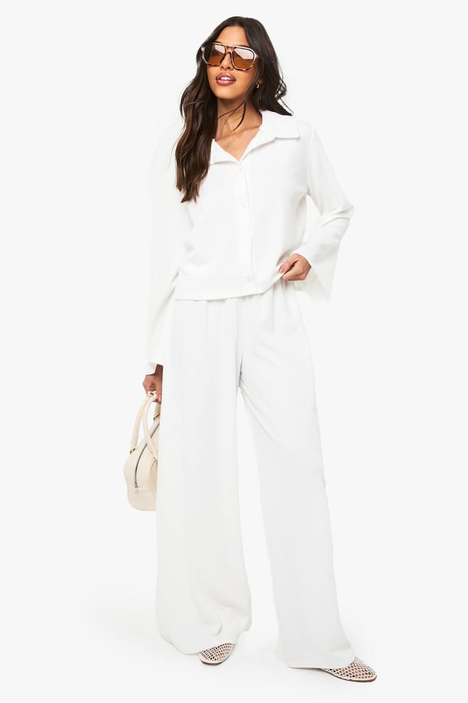 boohoo Dames Boxy shirt met gerimpelde rib en knoopdoorloop | Cream | Maat: 8