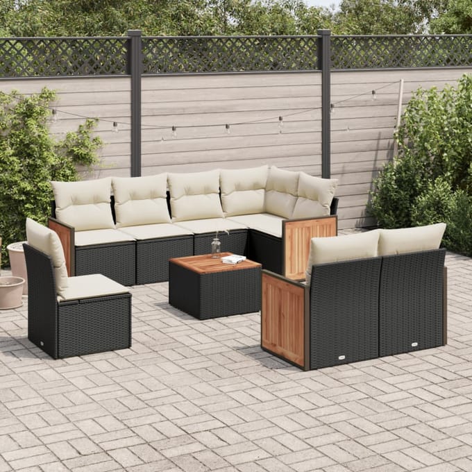 vidaXL - 9-delige - Loungeset - met - kussens - poly - rattan - zwart