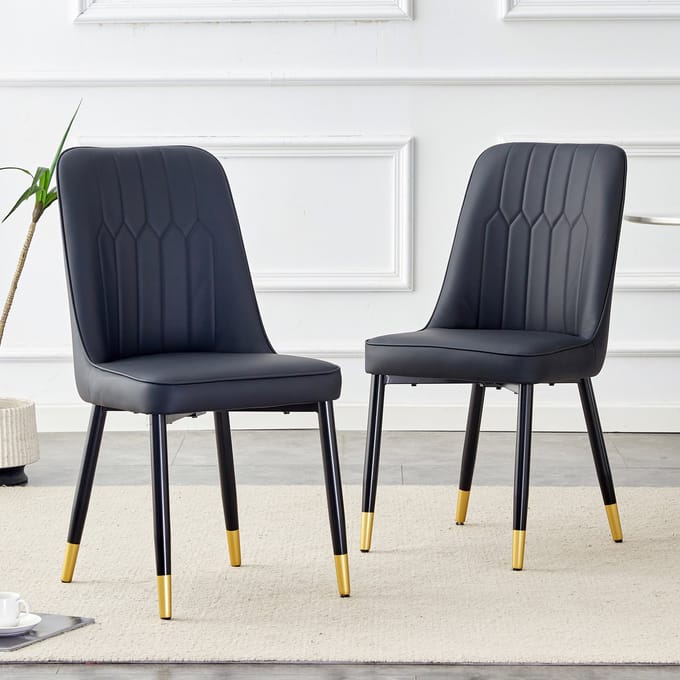 MODFU Eetkamerstoel set van 2, PU kunstleer, metalen poten, zwart, ergonomische rugleuning