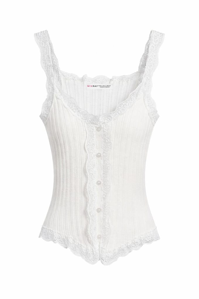 Aansluitende mouwloze kanten ribblouse met knopen
