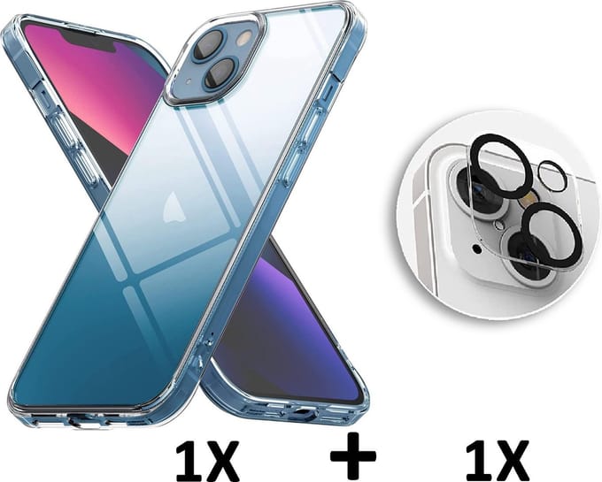HB Hoesje Geschikt voor Apple iPhone 13 Mini - Transparant / Camera Lens Glazen Screenprotector - Siliconen Back Cover