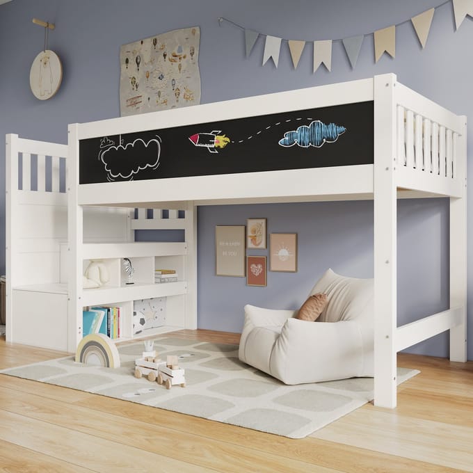 Sweiko Halfhoogslaper - 90 x 200 cm - met Graffitibord - Opbergplank - Wit