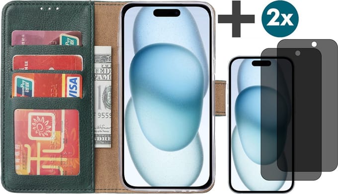 Hoesje met Privacy Screenprotectors 2 Stuks Geschikt voor iPhone 15 Plus – Arara bookcase met pasjeshouder - Groen
