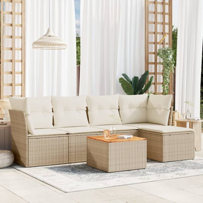vidaXL - 6-delige - Loungeset - met - kussens - poly - rattan - beige