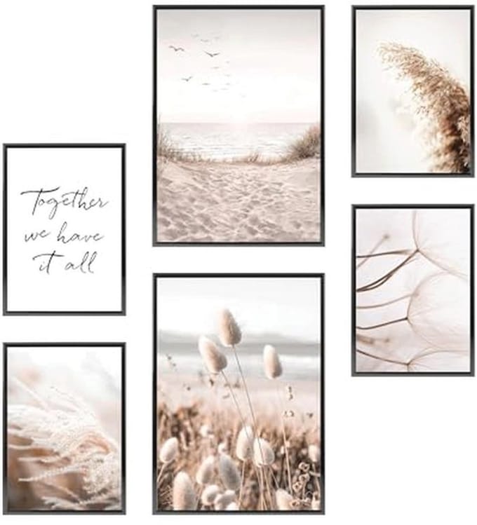 Premium Posterset Kuststijl - 2 A3 en 4 A4 Ingelijste Prints - Mindful Beige Beach