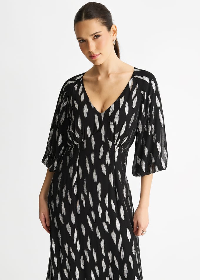 Zwarte viscose maxi-jurk met geknipte ballonmouwen