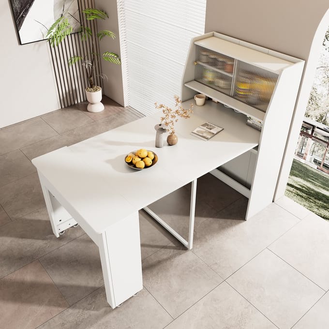 MODFU Uitschuifbare Eettafel - Met Opbergruimte - Modern - Spaanplaat En Glas - Wit - 52-132,5 x 80 x 76 cm
