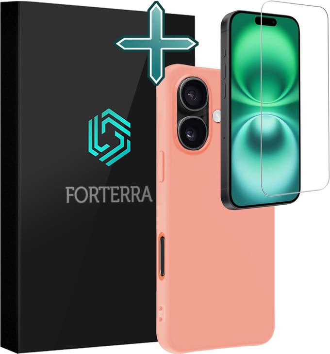 Hoesje Met Screenprotector - Geschikt voor Apple iPhone 16 Plus - Sterk & Shockproof - Telefoon Hoes - Back Cover - Siliconen Case - Perzik