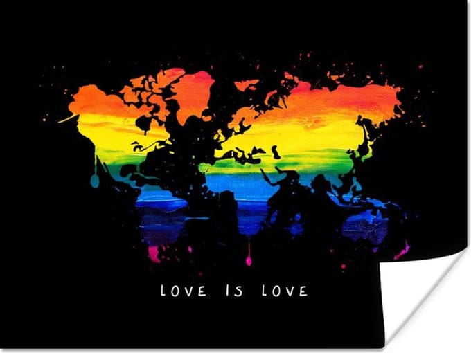 Poster - Wereldkaart - Regenboog - Liefde - 40x30 cm