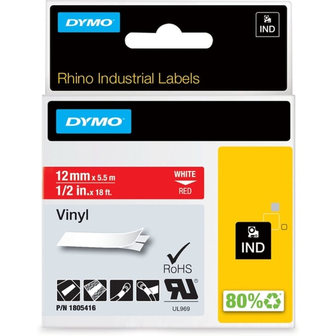 DYMO Rhino industriële Vinyl Labels | 12 mm x 5,5 m | witte afdruk op rood | zelfklevende labels voor Rhino & LabelManager labelprinters