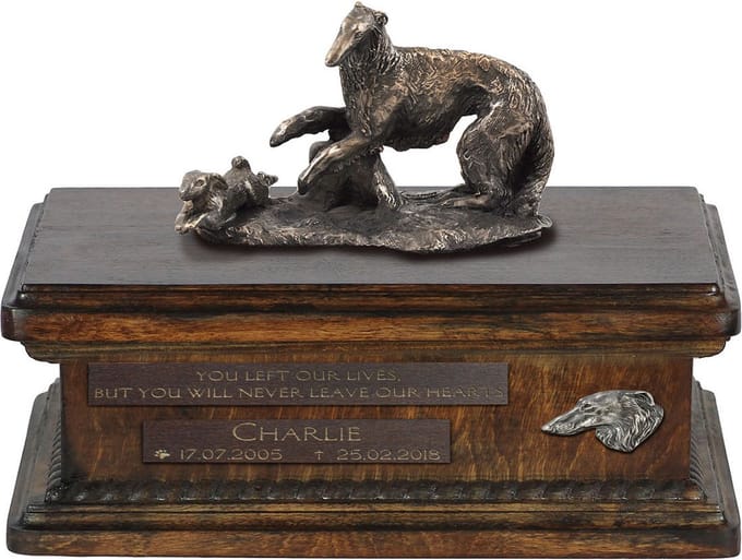 Persoonlijke urn voor Borzoi-hond, met beeld en houten design