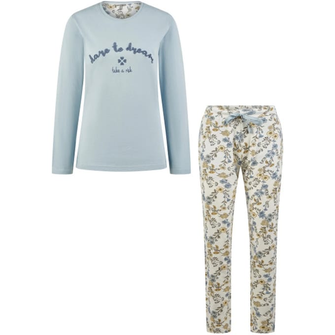 By Louise Dames Pyjama Set Lang Bloemen Print Lichtblauw - Maat M