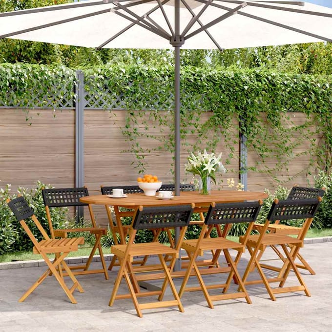 vidaXL - Opklapbare - stoelen, - 8 - stuks, - zwart, - van - polyrotan - en - massief - hout.