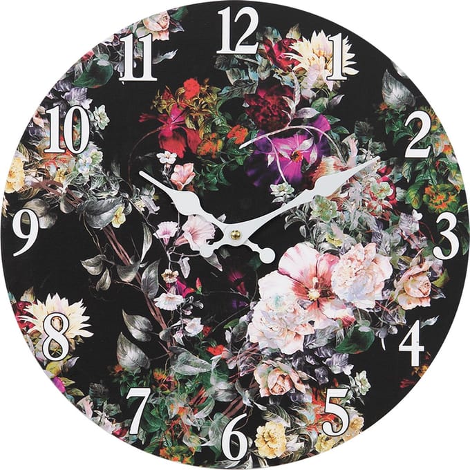 Clayre & Eef Wandklok Ø 34 cm Zwart Groen MDF Bloemen
